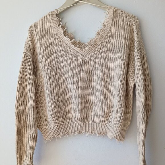 Jessica Simpson Distressed Cropped Knit Sweater | Cream/Tan | Size XS - Picture 1 of 8